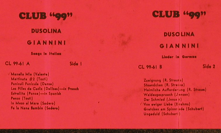 Giannini,Dusolina: Songs in Italian / German, Club 99(CL 99-61), US,  - LP - L9060 - 12,50 Euro