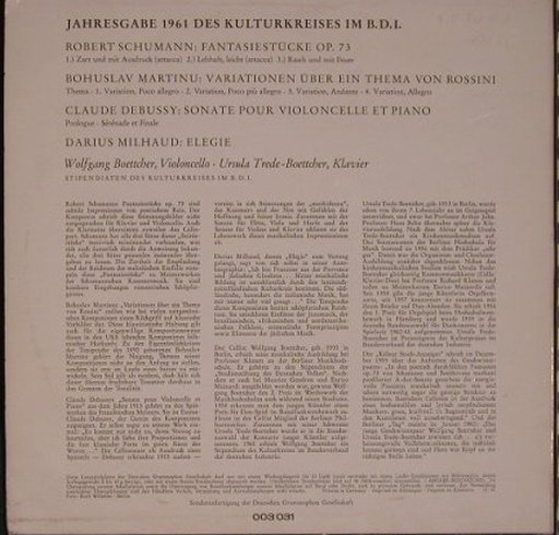 V.A.Jahresgabe 1961: des Kulturkreises im B.D.I, D.Gr. (003 031), D,vg+/m-, 1961 Typ: 10" Best.-Nr.: L9314 Preis: 20,00 Euro