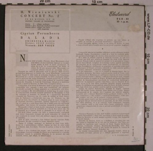 Wieniawski,Henryk/CiprianPorumbescu: Concert Nr.2,op.22 / Balada, Electrecord Bucuresti(ECD-83), RO,vg-/vg+,  - 10inch - L9342 - 7,50 Euro