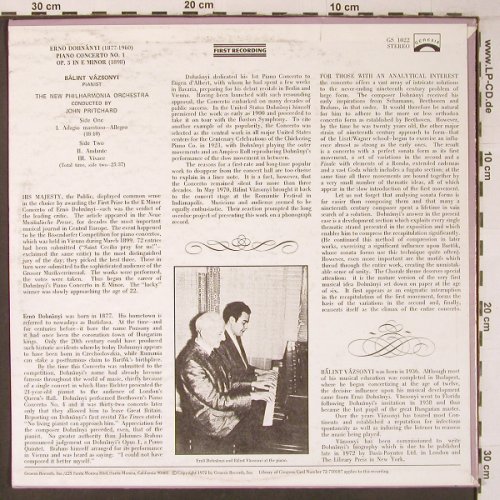 Dohnanyi,Ernö: Piano Concerto No.1, op.5 e-minor, Genesis (GS 1022), US, 1972 Typ: LP Best.-Nr.: L9409 Preis: 12,50 Euro