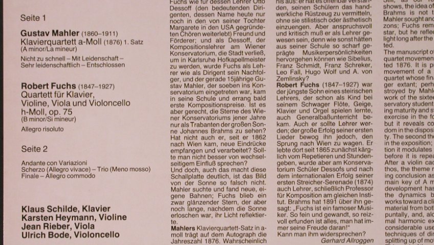 Mahler,Gustav / Robert Fuchs: Klavierquartette, DG(MD+GG 1165), D, 1985 - LP - L9414 - 26,00 Euro
