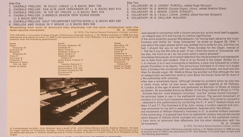 V.A.Organ Music fr.University Coll.: Oxford, John Webster, Decca eclipse(ECS 669), UK,Ri, 1972 - LP - L9486 - 7,50 Euro