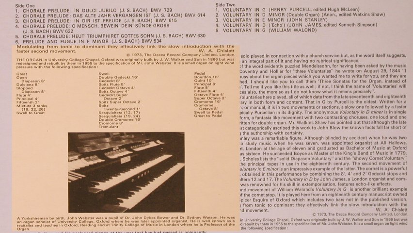 V.A.Organ Music fr.University Coll.: Oxford, John Webster, Decca eclipse(ECS 669), UK,Ri, 1972 - LP - L9486 - 6,00 Euro