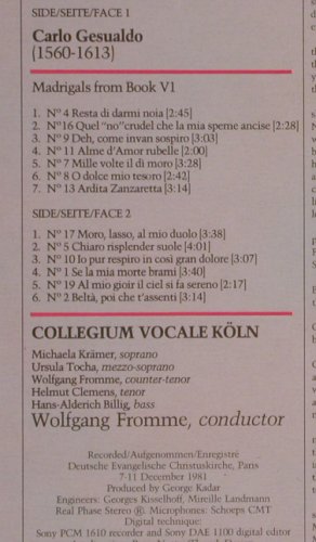 Gesualdo,Carlo: Madrigals from Book VI, vg+/m-, CBS (D 37758), D, 1981 Typ: LP Best.-Nr.: L9529 Preis: 5,00 Euro