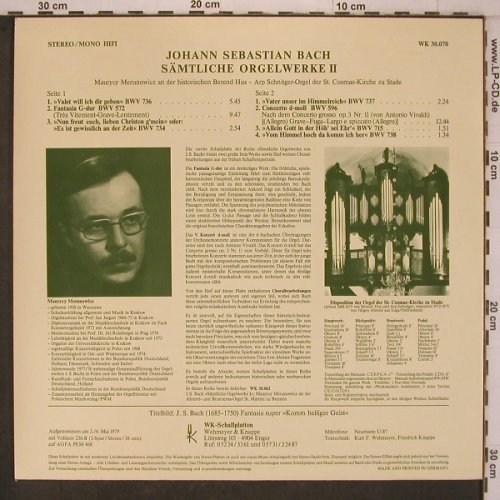 Bach,Johann Sebastian: Sämtliche Orgelwerke II, WK-Schallplatten(WK 30.070), D, 1979 - LP - L9633 - 9,00 Euro