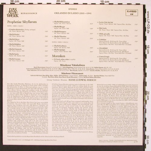 Di Lasso,Orlando: Moresken, Prophetiae, Sibyllarum, Telefunken (6.41889 AW), D, Foc, 1975 Typ: LP Best.-Nr.: L9690 Preis: 9,00 Euro