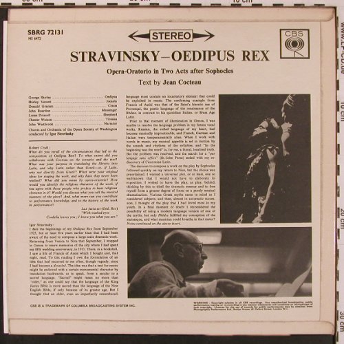 Strawinsky,Igor: Oedipus Rex, Opera-Oratorio 2 Acts, CBS(SBRG 72131), UK, vg+/m-, 1963 - LP - L9771 - 7,50 Euro