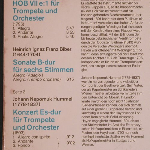 Haydn,Joseph / Biber / Hummel: Trompetenkonzert Es-Dur/Sonate B-Du, Eterna / Melodia(8 26 507), DDR,m-/vg+, 1974 - LP - L9856 - 5,00 Euro