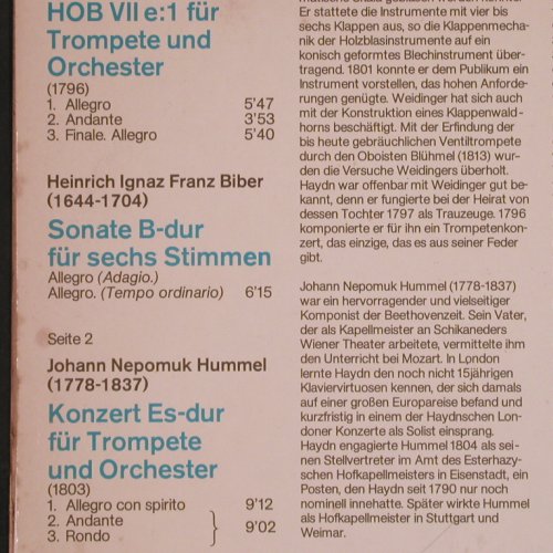 Haydn,Joseph / Biber / Hummel: Trompetenkonzert Es-Dur/Sonate B-Du, Eterna / Melodia (8 26 507), DDR,m-/vg+, 1974 Typ: LP Best.-Nr.: L9856 Preis: 5,00 Euro