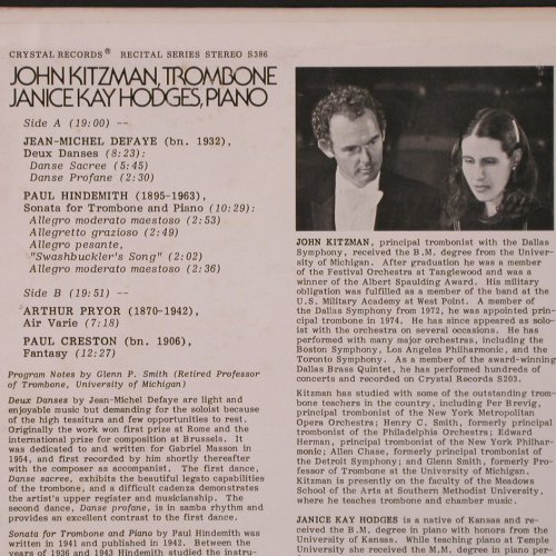 Kitzman,John / Janice Kay Hodges: Trombone / Piano, Crystal Records (S 386), US, 1981 Typ: LP Best.-Nr.: L9934 Preis: 9,00 Euro