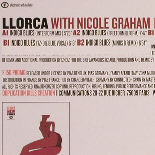 Llorca with Nicole Graham: Indigo Blues*4, F Communications (F 150), D, 2001 Typ: 12" Best.-Nr.: Y9923 Preis: 4,00 Euro