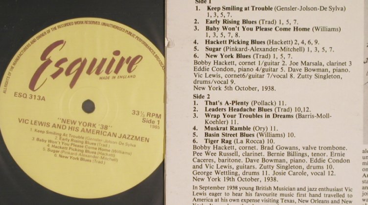 Lewis,Vic  and his American Jazzmen: New York'38, Esquire(ESQ 313), UK, 1985 - LP - H6847 - 7,50 Euro