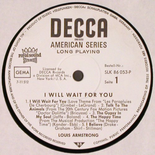 Armstrong,Louis: I Will Wait For You, Decca American Series(SLK 86 053-P), D, 1968 - LP - V2714 - 12,50 Euro