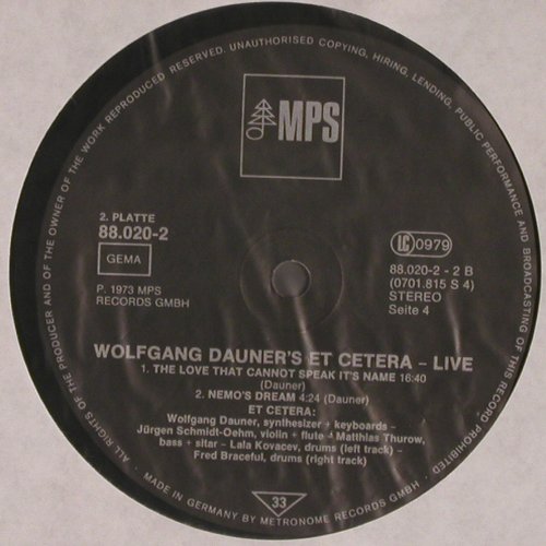 Dauner,Wolfgang - ET CETERA: Live, Foc, ( only one LP, Platte 2), MPS (88.020-2), D, 1973 Typ: LP Best.-Nr.: V3738 Preis: 5,00 Euro