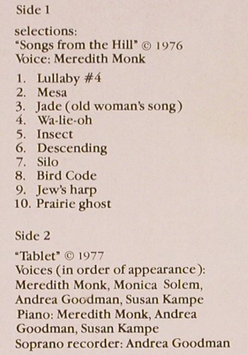Monk,Meredith: Songs From The Hill / Tablet, Wergo(SM 10 22), D, 1979 - LP - V484 - 24,00 Euro
