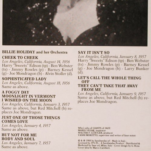 Holiday,Billie: and her Orchester , 1956-1957, Giants Of Jazz (LPJT 80), I, 1988 Typ: LP Best.-Nr.: V596 Preis: 7,50 Euro