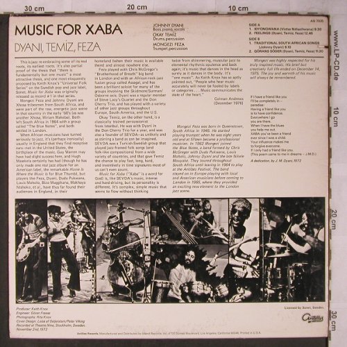 Dyani Temiz Feza: Music for Xaba, Antilles (AN 7035), US, co, 1972 Typ: LP Best.-Nr.: X5610 Preis: 50,00 Euro
