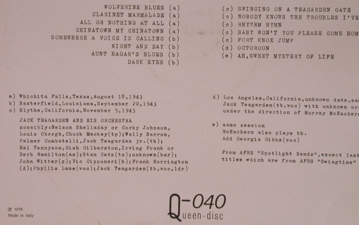 Teagarden,Jack: 1943-Whichita Falls,Tx Aug18.., Queen-Disc(Q-040), I, Ri, 1979 - LP - X6755 - 9,00 Euro