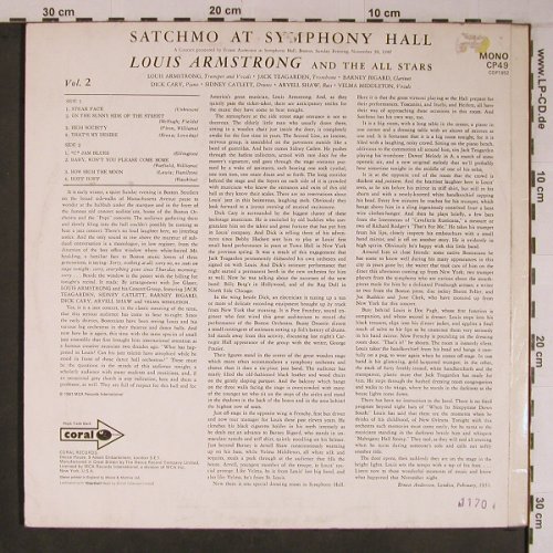 Armstrong,Louis: Satchmo At Symphony Hall,Vol.2,1951, Coral (CP49), UK,Mono,Ri, 1970 Typ: LP Best.-Nr.: X6765 Preis: 9,00 Euro