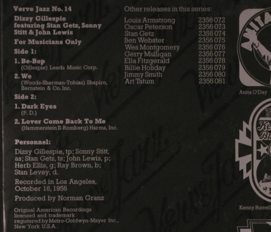 Gillespie,Dizzy: For Musicans only, Verve Metro (2356 103), D, Ri,Mono, 1956 Typ: LP Best.-Nr.: X7177 Preis: 13,00 Euro