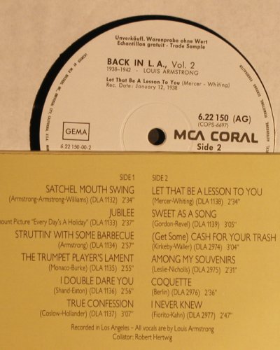 Armstrong,Louis: Back In L.A.1938-42 Vol.2, MCA, Promo (6.22150 AG), D, Ri, 1975 Typ: LP Best.-Nr.: Y2527 Preis: 7,50 Euro