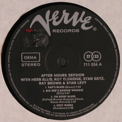 After Hours Session: Ellis,H./Eldridge/Getz/Brown/Levy, Verve (711 056), D,m-/vg+, 1957 Typ: LP Best.-Nr.: Y7880 Preis: 9,00 Euro