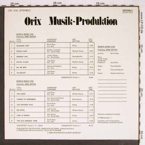 Berni's Swing Five: feat. Jörg Reiter, Edition Orix (1016), D, 1983 Typ: LP Best.-Nr.: Y8230 Preis: 5,00 Euro