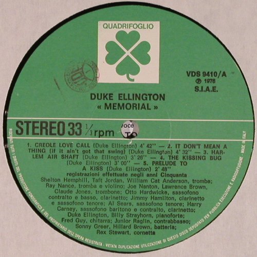 Ellington,Duke: Memorial (I Grandi del Jazz), Quadrifoglio (VDS 9410), I, 1976 Typ: LPQ. Best.-Nr.: Y8281 Preis: 7,50 Euro