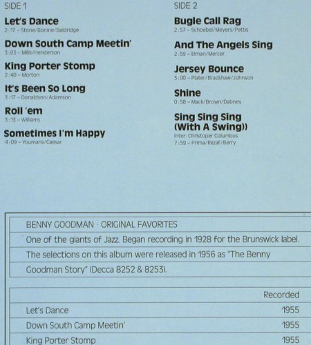 Goodman,Benny: Original Favorites (1955), MCA (202 939-241), D, Ri Typ: LP Best.-Nr.: Y8612 Preis: 5,00 Euro