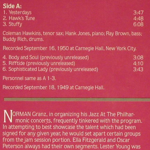 Hawkins,Coleman  Set: Same,Jazz at the Philharmonic(1949), Verve (815 148 1), US, co, Ri, 1983 Typ: LP Best.-Nr.: Y8769 Preis: 7,50 Euro