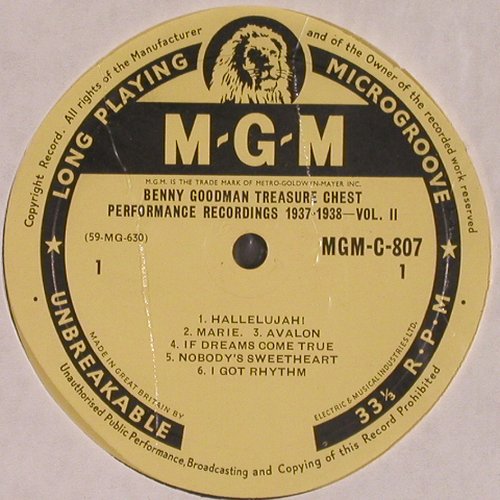 Goodman,Benny: Performance Recordings 1937-1938, MGM (MGM C 807), UK,Vol.2/3 Typ: LP Best.-Nr.: Y8857 Preis: 17,50 Euro
