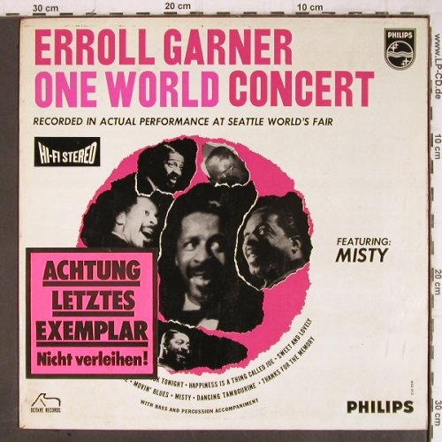 Garner,Erroll: One World Concert,Promo-Stol,Stoc, Philips (842 912 BY), NL, 1963 Typ: LP Best.-Nr.: Y8859 Preis: 9,00 Euro