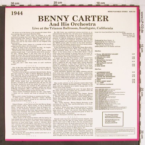 Carter,Benny: Live at t.Trianon Ballroom...(1944), Hindsight Records (HSR-218), US, 1985 Typ: LP Best.-Nr.: Y9146 Preis: 9,00 Euro