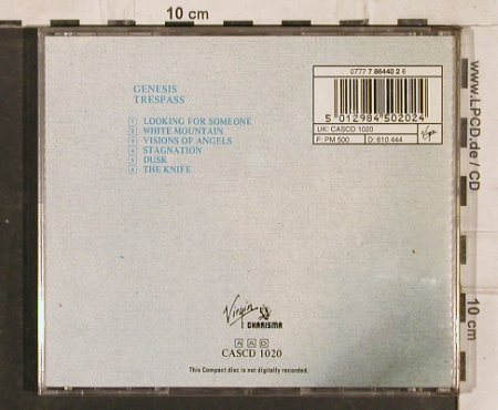 Genesis: Trespass (1970), Virgin (CASCD 1020), UK, 1994 Typ: CD Best.-Nr.: 83108 Preis: 7,50 Euro