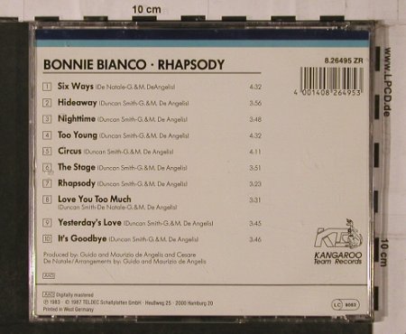 Bianco,Bonnie: Rhapsody (1983), Kangaroo Team (8.26495 ZR), D, 1987 Typ: CD Best.-Nr.: 84289 Preis: 10,00 Euro