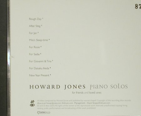 Jones,Howard: Piano Solos(for friend & Love ones), dtox rec. (CD12), UK,vg+/m-, 2003 Typ: CD Best.-Nr.: 92426 Preis: 10,00 Euro