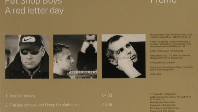 Pet Shop Boys: A Red Letter Day+1, Promo, Parlophone(CDRDJ 6460), UK, 1996 - CD5inch - 93194 - 15,00 Euro