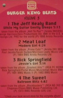 V.A.Burger King Beats: Vol.3 - 4Tr.(Jeff HealyBand..Sweet), BMG (74321 32528 2), EC Typ: Shape Best.-Nr.: 95208 Preis: 4,00 Euro