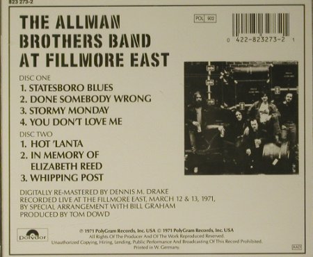 Allman Brothers Band: At Fillmore East, Polydor (823 273-2), D, 1971 Typ: 2CD Best.-Nr.: 97803 Preis: 10,00 Euro