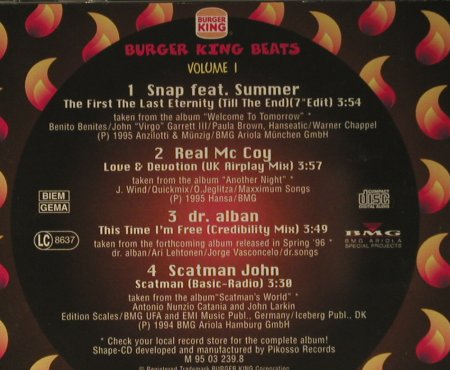 V.A.Burger King Beats: Vol.1 - 4 Tr.(Snap..Scatman John), BMG, EC, 1994 Typ: Shape Best.-Nr.: 98487 Preis: 4,00 Euro
