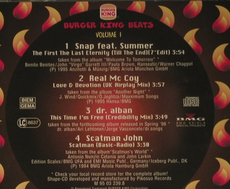 V.A.Burger King Beats: Vol.1 - 4 Tr.(Snap..Scatman John), BMG(), EC, 1994 - Shape - 98487 - 4,00 Euro