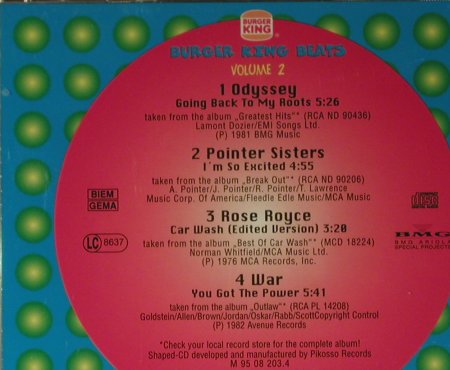 V.A.Burger King Beats: Vol.2 - 4 Tr.(Odyssey...WAR), BMG, EC, 1994 Typ: Shape Best.-Nr.: 98488 Preis: 4,00 Euro