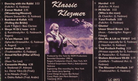 Feidman,Giora: Klassic Klezmer, 16 Tr., Pläne(88748), D, 1993 - CD - 81981 - 10,00 Euro