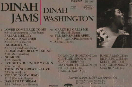 Washington,Dinah: Dinah Jams (L.A. 1954), Emarcy(814 639-2), D, 1990 - CD - 82467 - 11,50 Euro