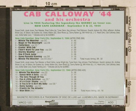 Calloway,Cab and his Orch.: 44, live f.Ike Quebec, Magnetic(MRcd123), D,  - CD - 83016 - 5,00 Euro