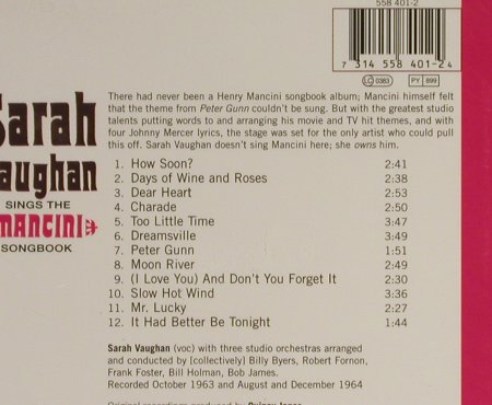 Vaughan,Sarah: Sings The Mancini Songbook'65,Digi, Verve(558 401-2), FS New, 1998 - CD - 93200 - 11,50 Euro