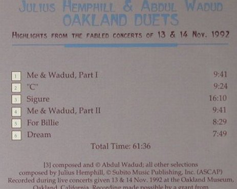 Hemphill,Julius & Abdul Wadud: Oakland Duets, Music & Arts Programs(CD-791), US, 1993 - CD - 94992 - 12,50 Euro