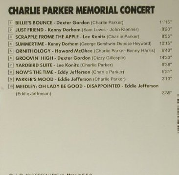 Parker,Charlie by V.A.: Memorial Concert, Green Line(), EEC, 1989 - CD - 98495 - 7,50 Euro