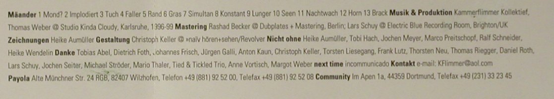 Kammerflimmer Kollektief: Mäander, Com, EU, 2000 Typ: CD Best.-Nr.: 98502 Preis: 10,00 Euro