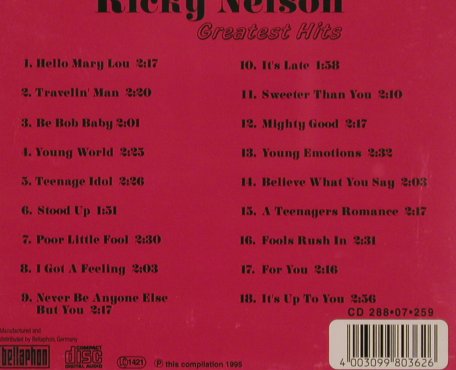 Nelson,Ricky: Greatest Hits, Bellaphon(288 07 259), D, 1995 - CD - 83834 - 7,50 Euro